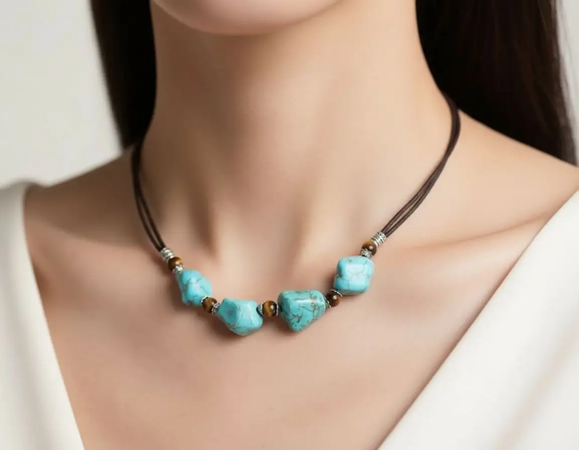 AI-generated on-model jewelry photo showing the piece worn on a realistic fashion model